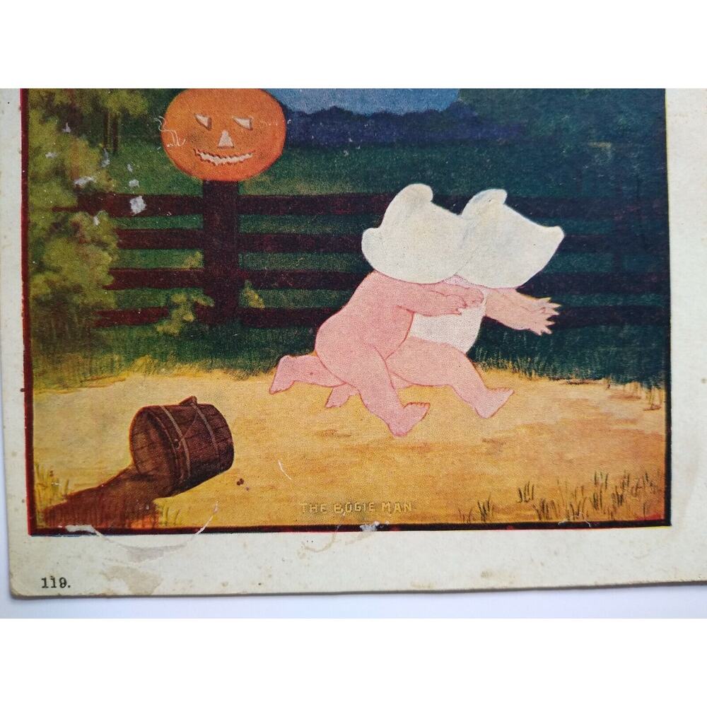 Halloween Postcard Children in Bonnets Run From Bogie Man JOL Pumpkin Series 119